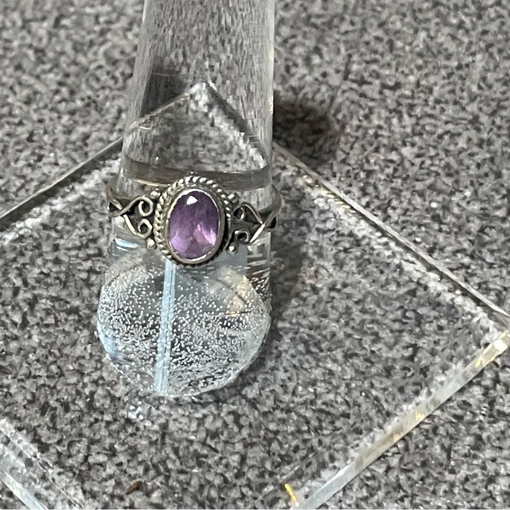 Amethyst Glass Oval Cable Rim Sterling Silver Ring
